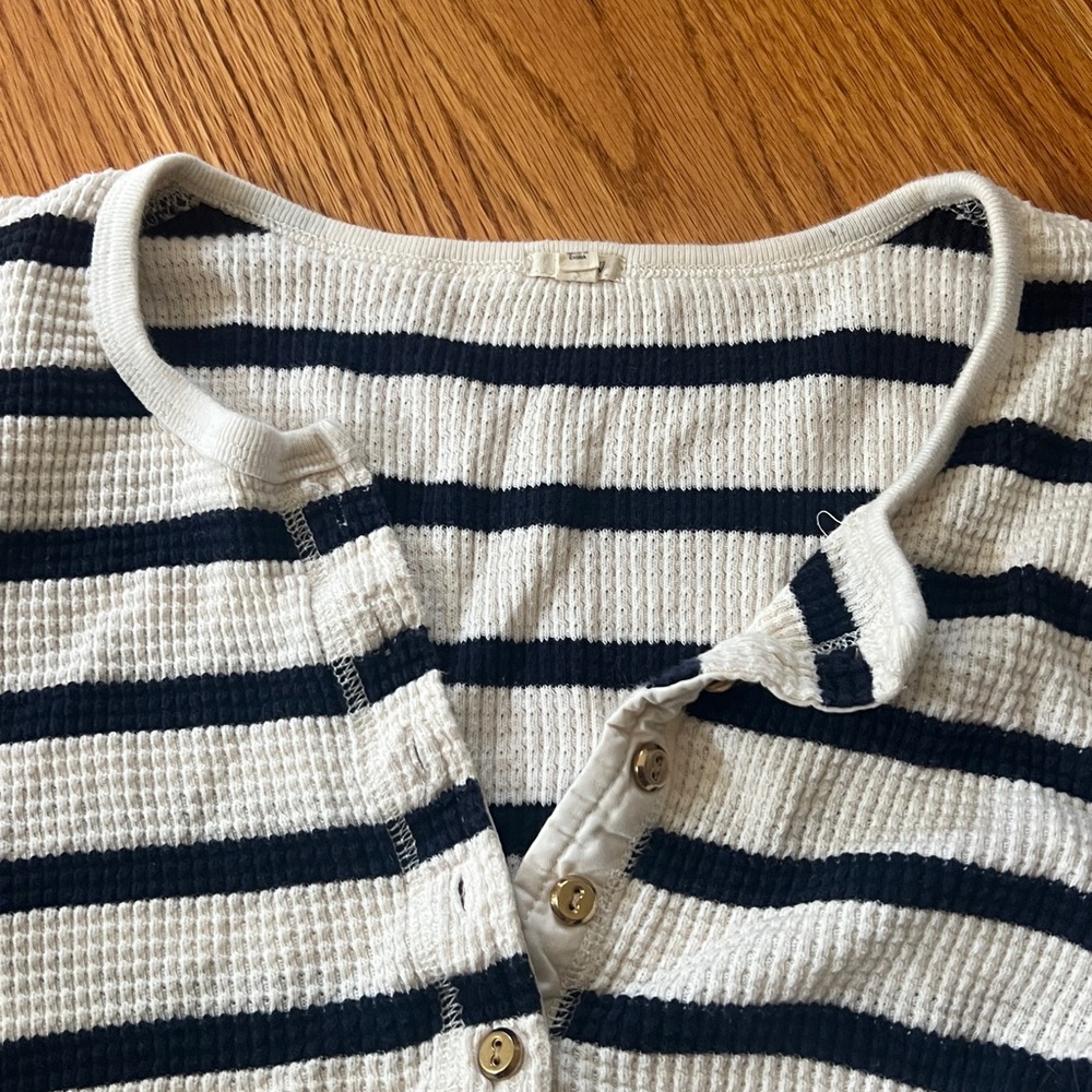 J. Crew Striped Long Sleeve Henley Top nautical small gold buttons - Picture 2 of 3